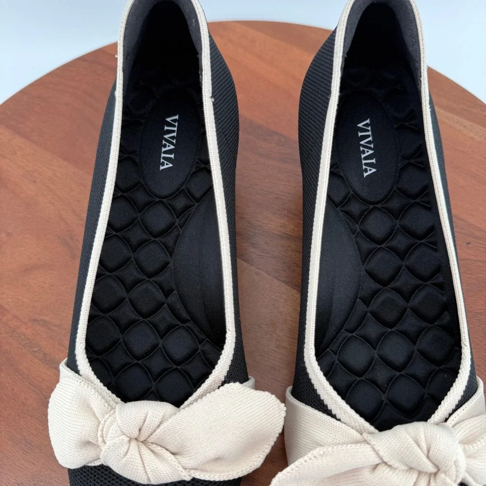 VIVAIA Kitten Heel Pumps Black Cream Bow Pointed Toe Knit Shoes Wmn EU42/US 10.5